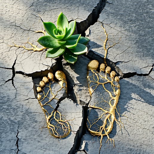 Amidst a stark expanse of cracked concrete a resilient plant breaks through the harsh surface its vibrant green leaves contrasting sharply with the gray surroundings Its golden roots like tendrils of hope intricately weave their way into two sets of-1