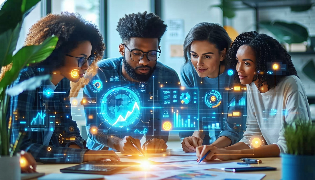 Create a warm modern hero image illustrating connection and shared purpose The scene shows diverse individuals including neurodivergent representationautistic ADHD gifted collaborating in a bright open digital workspace They are reviewing a shared da-1